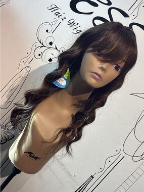 Brown Wavy Long heat resistant Wig with Side Bangs -